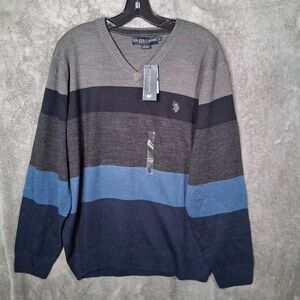 Polo Assn V Neck Knit Sweater Mens Size Large Long Sleeve Gray Blue Preppy NWT
